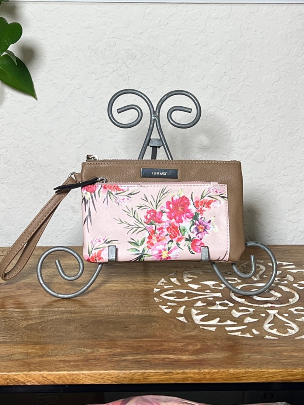 Nine West Pink Floral and Taupe Wristlet Duo